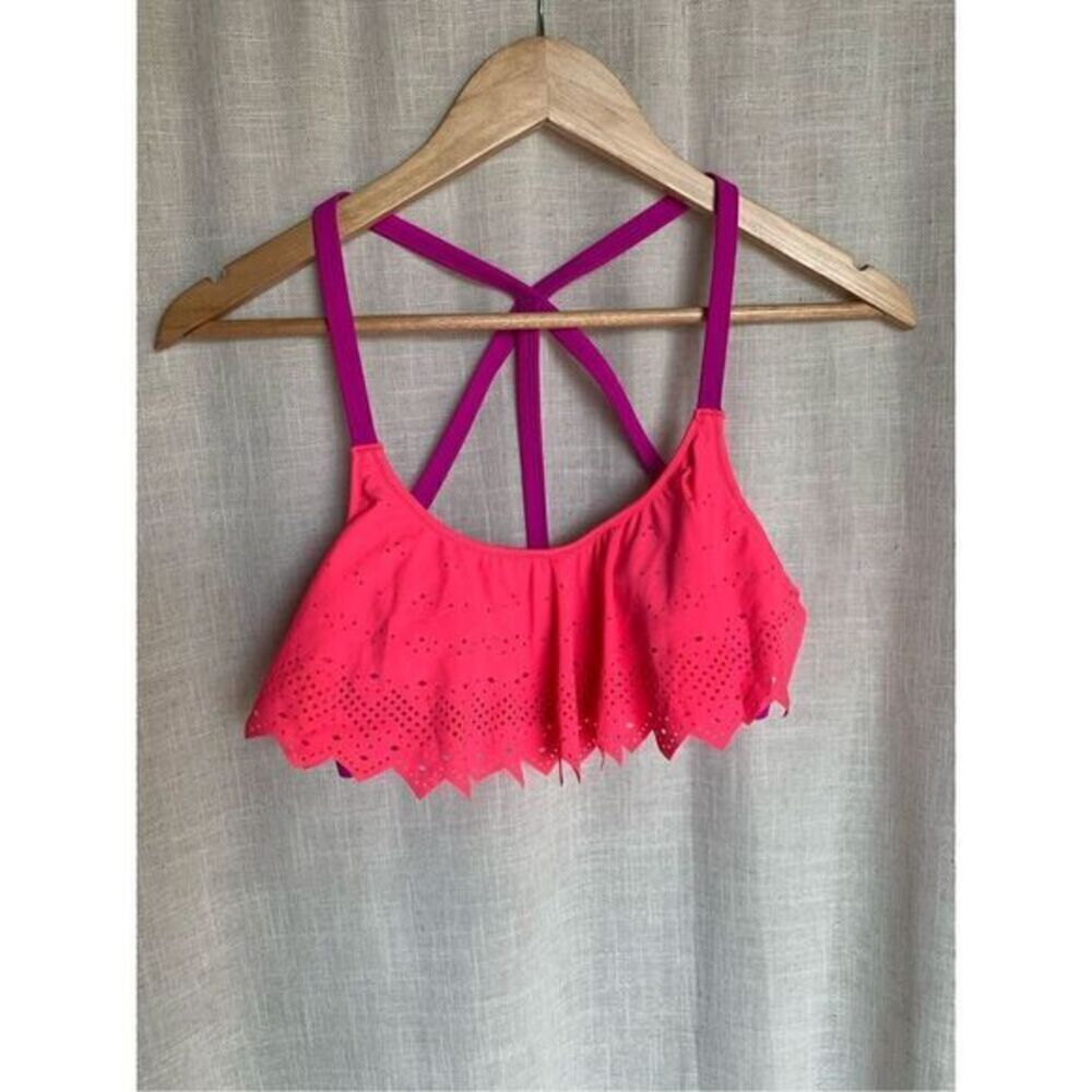 Swim Bikini Top Womens Size M Neon Pink Purple‎ Strappy Ruffle Y2K Laser Cut